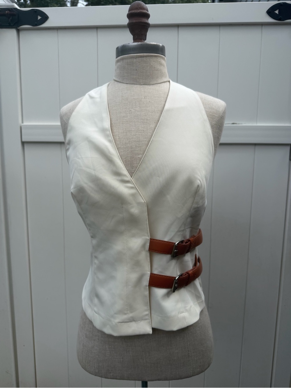 Vintage Cream Halter Vest with Tan Buckle Accents